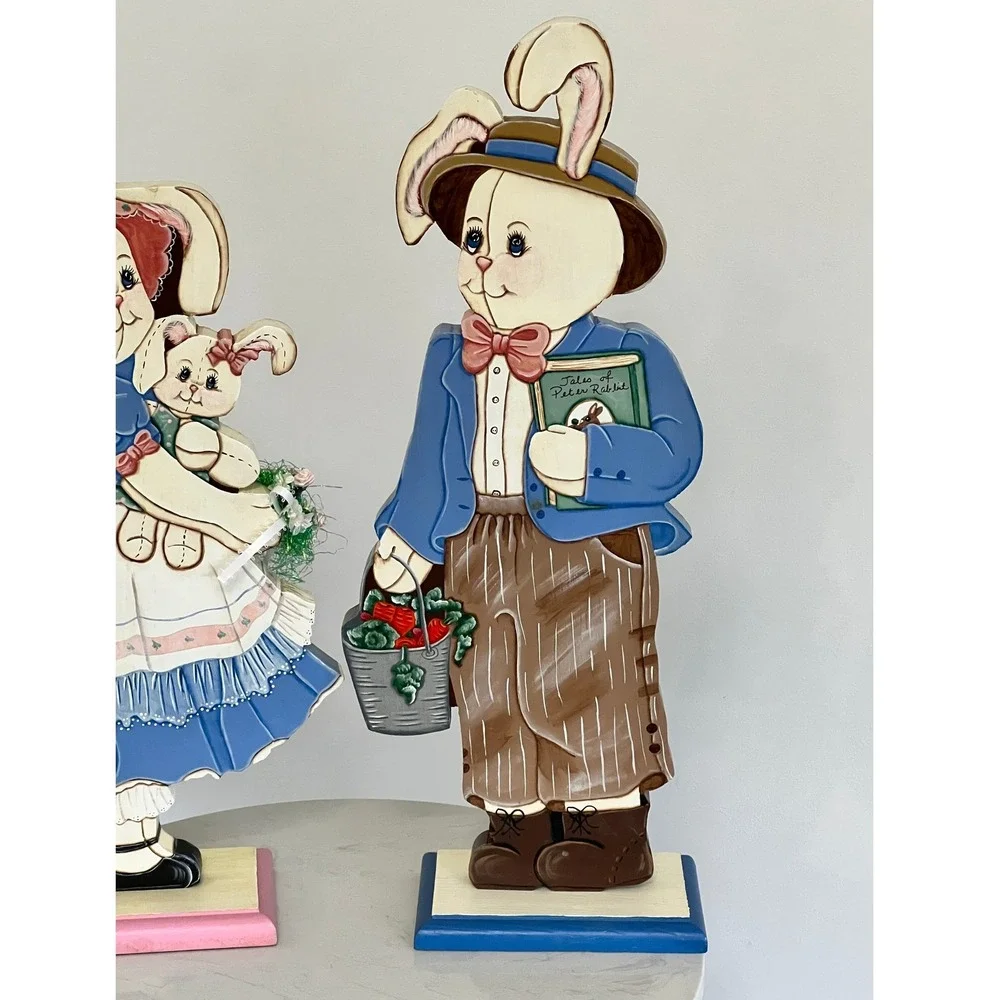 Vtg Hand Painted Wood Bunny Figurines Primitive Cottagecore Country Farmhouse‎